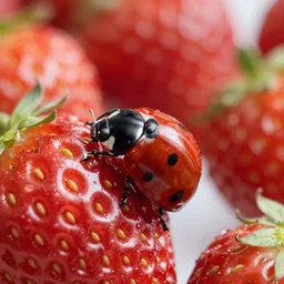 professional photography of a Lady bug on a strawberry, bokeh, 8k