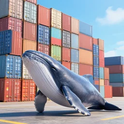 a happy whale in front of a huge stack of containers at the port, intricate details, photo realistic octane render