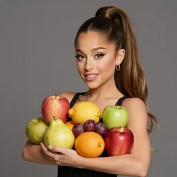 Ariana Grande holding various colored fruits.CG,8k,HD,caricature