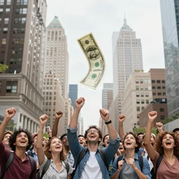 money writing down from the sky on to a large group of people in the center of New York City everyone is happy and cheering