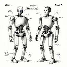 patent drawing of a robotic david lynch by leonardo davinci, illustrations, intricate writing, concept art, labels, highly detailed