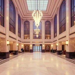 a beautiful, sharp focus, clean lines. the interior of a vast 1 9 4 0 s art deco luxury hotel lobby. vaporwave ombre rendering. outrun style. trending on artstation. recommended for you behance. wes anderson colors. by chris moore. by edward hopper. ambient occlusion. digital matte painting. metropolis filmic. gotham city.