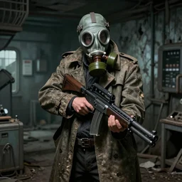 photorealistic detailed image of a man in a  rugged, worn trench coat wearing a gas mask, in a ruined and dark underground lab, readying himself for combat with a green/brown/gray undertone, inspired by the Stalker video game series