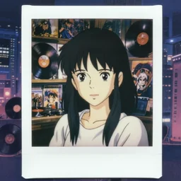 a film still polaroid portrait of a 1 9 8 0's disney girl working at a vinyl stall, finely detailed features, closeup at the faces, perfect art, busy cyberpunk city, gapmoe yandere grimdark, trending on pixiv fanbox, painted by ilya kushinov makoto shinkai takashi takeuchi studio ghibli, akihiko yoshida