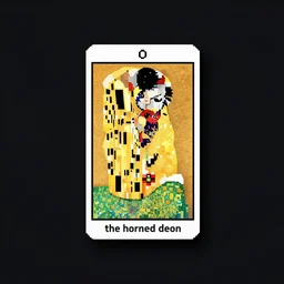 a stylized minimalist icon of a tarot card, title'the horned demon ', klimt, royo, behance, global illumination, pixel art, cell shading, outline