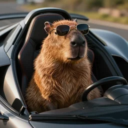 capybara sitting in the front seat of a supercar, sunglasses, realistic, cute