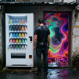 a drenched man in a dark rainy alleyway standing in front of a vending machine that opened a portal into another dimension, vivid caustics, realistic photography, beautiful interior, hyperrealism, incredible, award - winning photography, by greg rutkowski, lovecraftian
