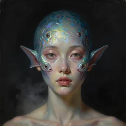 a neoclassicist close - up portrait of a an otherworldy person with surrealist fish features. iridescent reflective alien textures. foggy black background. highly detailed science fiction painting by norman rockwell, frank frazetta, syd mead and moebius. rich colors, high contrast, gloomy atmosphere, dark background. trending on artstation.