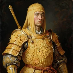 half boy half rhibo made of spaghetti, intricate armor made of spaghetti fractals, ancient warrior, samurai style, zoomed out, by giuseppe arcimboldo and ambrosius benson, renaissance, intricate and intense oil paint, a touch of beksinski, realistic