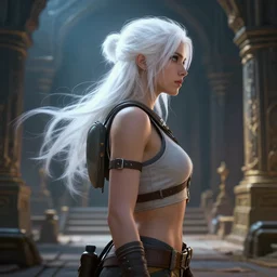 masterpiece side profile concept art, a beautiful white hair girl as tomb raider in a ruin temple background, realistic, hdr, dynamic lighting, hearthstone, warcraft, highly detailed, luminescent, by ilya kuvshinov, magali villeneuve, jeremy lipkin, michael garmash, rob rey, artgerm, artstation