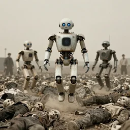levitating robot bots in front of hundreds of dead people , old photograph , 1824 , HD , 4k , realistic