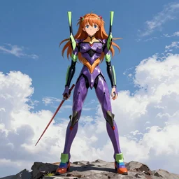 Asuka Langley Soyru standing atop Eva Unit 02 | Evangelion Fanart, Photoshop, Adobe Illustrator, Lightroom, PostFX Realistic Lighting on Anime style
