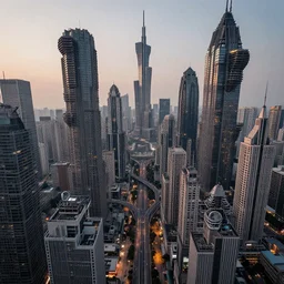 alien supercity, dense metropolis, brutalist architecture, bizarre and imposing megastructures, vanishing point perspective, drone speedways, twilight, style of Michael Whelan