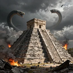a photorealistic hyperrealistic render of a stone temple at the top of a aztec ziggurath,, snake shaped clouds above, fire and smoke, destroyed, collapsed roof scene by greg rutkowski, wlop, artgerm, dramatic lighting, strong shadows, volumetric, cinematic atmosphere, octane render, artstation, 8 k