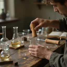 alchemists workshop, beakers, wooden sleeves, magical atmosphere, by tuco amalfi