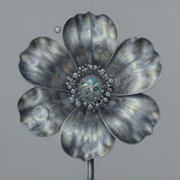 a painting of a metallic flower on a gray background, an airbrush painting by Earnst Haeckel and Louis Comfort Tiffany and H R Giger, trending on zbrush central, cloisonnism, high detail, detailed painting, biomorphic, bubbles, exotic, alien hybrids.