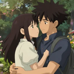 Boku no hero academia style, a boy in love whit a girl, ghibli, unreal 5, DAZ, hyperrealistic, octane render, RPG portrait, dynamic lighting