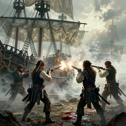 pirate duel!, ships, muskets, sabers, gunpowder smoke, shooting, blood, fog, noon, portrait 4 / 3, asymmetrical, realistic, wide shot, dramatic, digital art, fantasy, darkness, octane render, unreal engine, high detail, artstation, very realistic, by greg rutkowski, by james gurney, gene wolfe, gustave dore, jesper ejsing, rhads, makoto shinkai, ilya kuvshinov