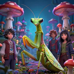 4 k headshot portrait of a psychedelic demonic anthropomorphic praying mantis with mushroom themed clothes, magic mushroom village in background by jeff easley, award winning, stylized neon, post - processing, masterpiece, superb resolution. in the art style of junji ito and greg rutkowski. detailed mushroom city in background. hyper realistic anime. perfect art. dalle 2