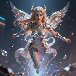 a beautiful female human god of cybersecurity character, character is in all its glory, character is centered on the image, character is flying, rim lights, highly detailed professional photo, dynamic lights, particles and crystals are flying, very deep depth of field, trending on artstation, illustration, hyper realistic, vray caustics, super detailed, colorful accents, cinematic shot