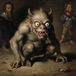 un monstre horrible et fou degueulasse avec une peau sale et seche petits yeux rouges dents tres longues demon sang sur les levres by caravaggio and rubens and bob bottin and lucien freud and ghibli studio and miyazaki and herge
