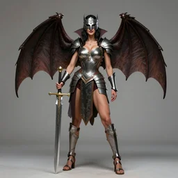 full - body portrait, female vampire knight holding a large greatsword, lean, muscular, bat wings, roman gladiator sandals, historical heavy plate armor, metal mask, enchanting, elegant, seductive smile, ghostblade, wlop, modern fantasy, realistic proportions, modest clothing.