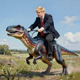 boris johnson riding a veloceraptor, painting