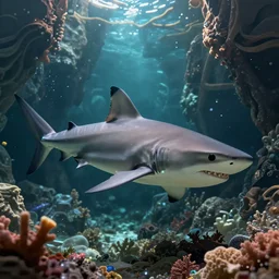 sharks in underwater coral cavern, d & d, fantasy, digital painting, artstation, sharp focus, 8 k, movie lighting, masterpiece, artgerm, greg rutkowski