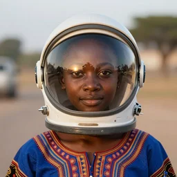 A straight-on close-up head and shoulders photo of a 14-year-old Sudanese girl wearing a traditional dress, optimistic about the future, sunset reflecting in her eyes, wearing an almost-invisible NASA space suit helmet that is barely visible to us, 4K 85mm f/2
