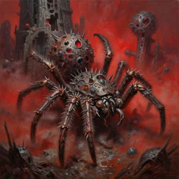 fine art oil painting varied muck jeweled, filthy, doubled, spiked, rugated armored spiny - orb - spiders clawing & terrified as massive brutalist structures, claustrophobic cilia sporing pox, final battle failure, red mustard gas fog, by alex nino, jack gaughan high resolution, hyper detailed, torch light shot by artstation winner, macro lens,
