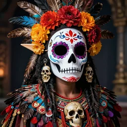 link from zelda wearing dia de los muertos mask, skulls and flowers, with aztec feathered garments sigma 7 5 mm photo realism, ultra realistic, 8 k resolution surreal