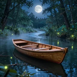 Beautiful wooden boat in the forest river, vibrant bright cyberpunk color scheme, hyperdetailed twigs and plants, moonlit nightscape, bioluminiscent fireflies, layered fog, moody lighting, photorealistic digital arts, sharp, well focused, artstation HD, 8K