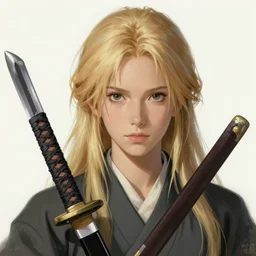woman blond portrait with katana, realistic, art by studio ghibli and greg rutkowski and artgerm and ilya kuvshinov, portrait, d & d, fantasy, highly detailed, digital painting, headshot, trending on artstation, concept art, sharp focus, illustration 8 k render