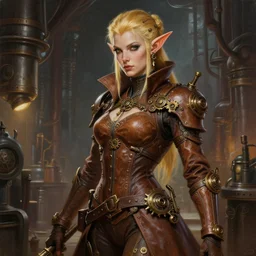 painting of alluring steampunk brown elf in the factory, detailed face, tied golden hair, skintight trench coat, belts, short pointy ears, gear accessories, high fantasy, dnd, smooth, sharp focus, award - winning, masterpiece, extremely detailed, intricate, art by rebecca guay, wlop, collectable card art