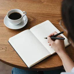 my love working at the table with a notebook, a morning coffee on her side