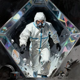 portrait of a scientist in a hazmat suit entering the prism dimension by frank frazetta