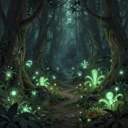 a highly detailed matte painting of a mystical forest with glowing plants, featured on Artstation