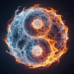 highly detailed ying yang symbol made out of fire and ice with swirls and eddies and vortices, highly detailed and colorful, high contrast