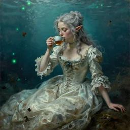 a 1 8 th century, messy, silver haired, ( ( ( mad ) ) ) elf princess ( look like ( ( young kate winslet ) ) ), dressed in a ( dirty ), wedding dress, is ( ( drinking a cup of tea ) ). everything is underwater! and floating. greenish blue tones, theatrical, ( ( green lights ) ) oil canvas by fragonard