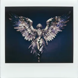 crystal wings, waporwave polaroid, a greg rutkowsi photograph, devianart photoshoot, metal acid deep colors, fallen angel of death, love broken