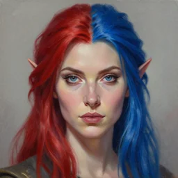 a detailed matte oil on canvas head on symmetrical portrait of a distinguished elven woman with split red and blue hair by charlie bowater, lise deharme, wlop, trending on artstationhd, dungeons and dragons art critical role, half and half hair dye, split hair dye, two tone hair dye, dye hair