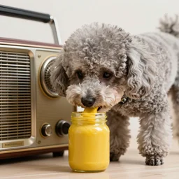 a closeup photorealistic photograph of a poodle eating from a jar of mustard sitting by an old radio. prius is in the background. professional capture. brightly lit scene. this 4 k hd image is trending on artstation, featured on behance, well - rendered, extra crisp, features intricate detail, epic composition and the style of unreal engine.