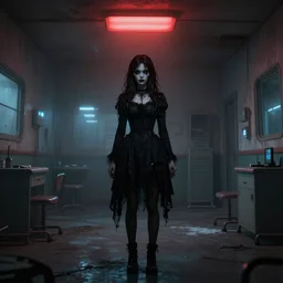 Gothic girl standing on an abandoned hospital room with red ceiling lighting and several blue lights on the walls, gloomy and foggy atmosphere, octane render, artstation trending, horror scene, highly detailded