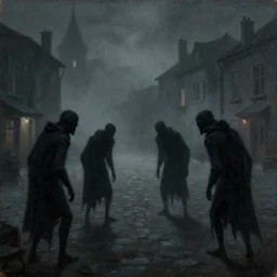 grim stalkers haunt the foggy town square by beksinski, dark canvas, in the style of edward hopper rodcenko yue minjun caravaggio, intricate details, hard shadows, artstation