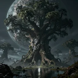 humongous tree portal!! on a big dusky planet, spooky, sharp focus, intricate details, fantasy, hyper realism, 1 0 0 mm, art, smooth, beautiful art, masterpiece, artistic landscape, cinematic, wet reflections, ray tracing x, rtx, smooth