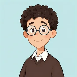 jewish young man with glasses, dark short curly hair smiling, illustration in the style of dr. suess