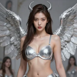 beautiful angel girl portrait, silver bra, silver wings, highly detailed, d & d, fantasy, highly detailed, digital painting, trending on artstation, concept art, sharp focus, illustration, art by artgerm and greg rutkowski and fuji choko and viktoria gavrilenko and hoang lap