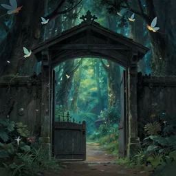 gate portal with another world visible inside style studio ghibli and Gerald Brom, faeries flyng, dreamy, mystical, dark