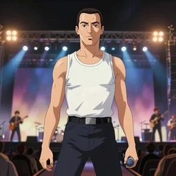 portrait of freddie mercury, concert stage background, night time, dramatic lighting, ambient lighting, dynamic lighting, 4k, HQ, official media, anime key visual, makoto shinkai, ilya kuvshinov, lois van baarle, rossdraws, detailed, trending on artstation