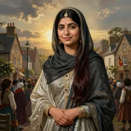 Giant Malala Yousafzai stands next to a town, surrounded by people, Gulliver's Travels